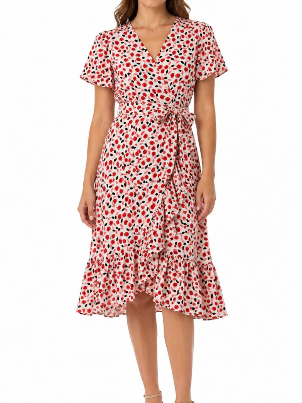 Talbots Tulip Print Faux Wrap Dress with Cap Sleeves and V-Neck Size 4